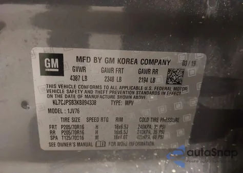 2019 Chevrolet Trax Lt z USA, uszkodzony, nr VIN KL7CJPSB3KB894338